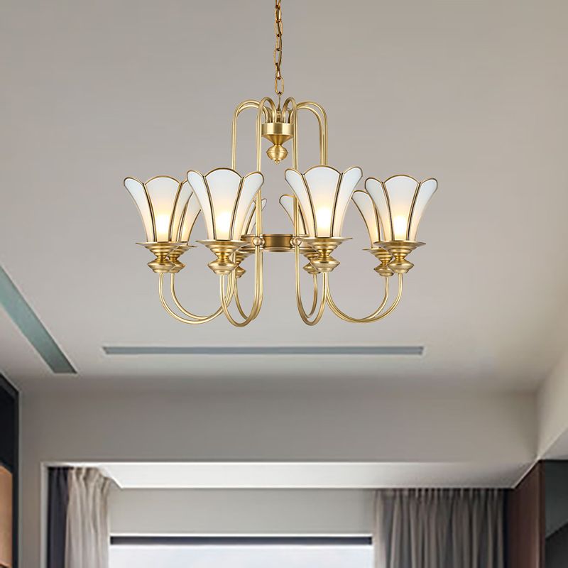 8 Lights Ceiling Chandelier Colonialism Flower White Frosted Glass Pendant Light in Gold with Curved Arm