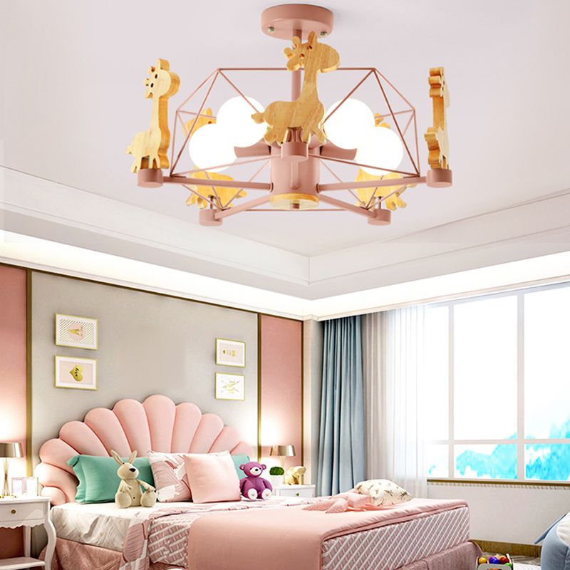 Macaron Cage Ceiling Pendant Light Metal 4-Head Bedroom Chandelier with Wooden Giraffe Deco