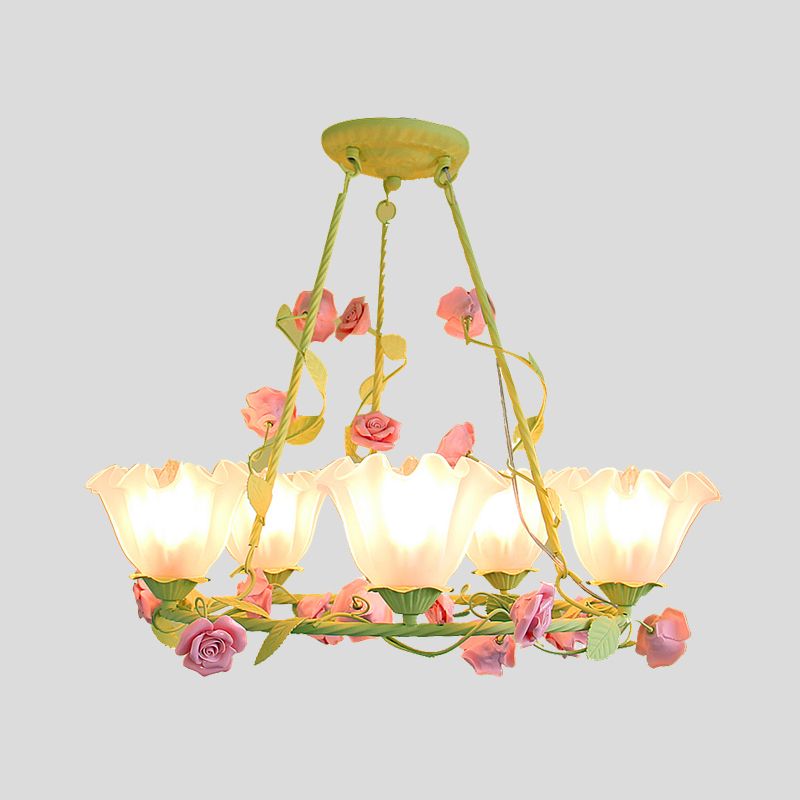 Opal Glass Scalloped Chandelier Lighting Korean Garden 5 Lights Bedroom Ceiling Lamp in Pink/Yellow