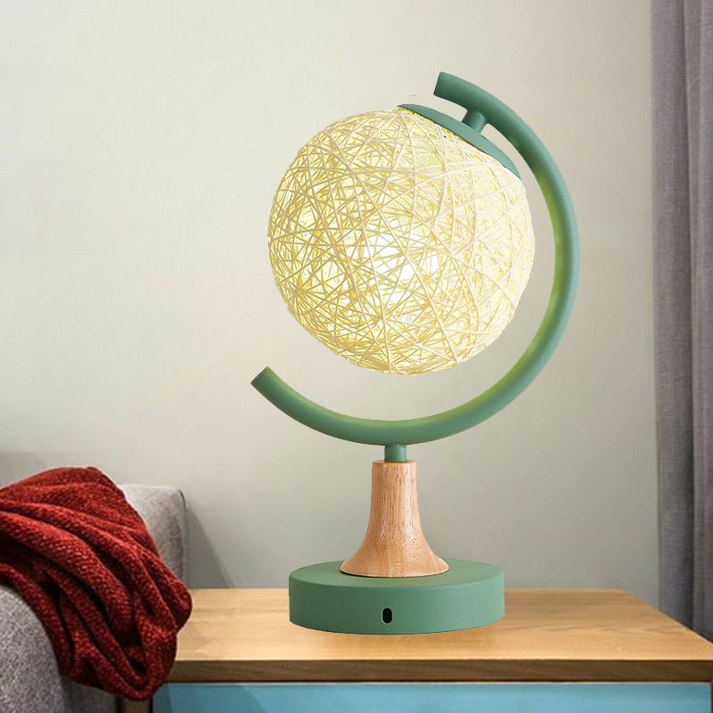 Metallic Globe Nightstand Light Asia Style 1 Light Table Lamp in White/Grey/Green with Rattan Shade