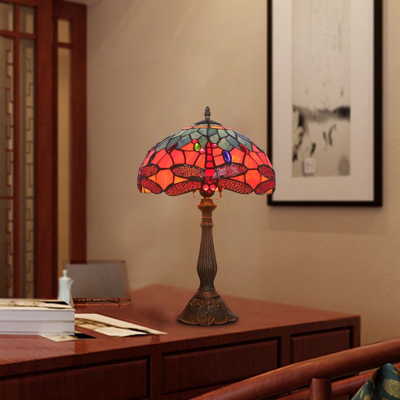 1 Bulb Night Table Lighting Tiffany Stained Art Glass Dragonfly Patterned Nightstand Light in Bronze