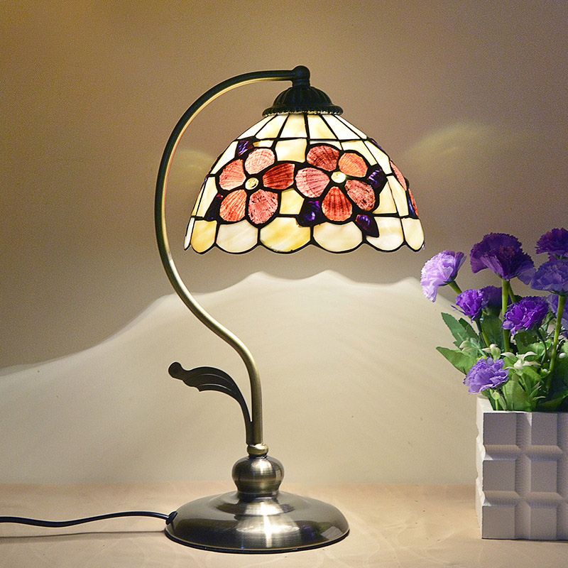 Natural Shell Red Nightstand Light Flower Pattern 1 Head Mediterranean Table Lamp