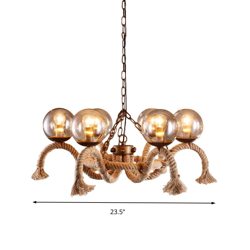 6 Lights Global Chandelier Lighting Retro Rust Finish Rope Suspension Light with Smoke Grey Glass Shade