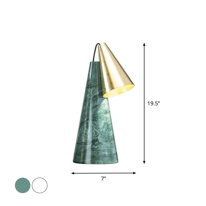 Designer Conical Table Light Marble Single-Bulb Living Room Night Lamp in White/Green and Gold