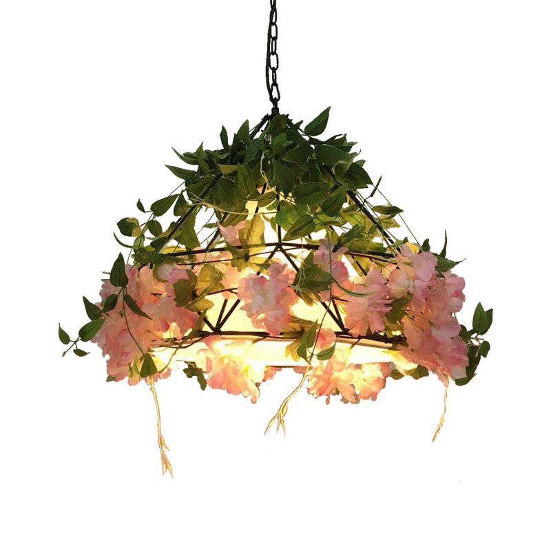 Roze/licht roze 1 kop hanglamp industrieel metalen diamant led hangend plafondlicht met rozendecoratie, 18 "/23.5" w