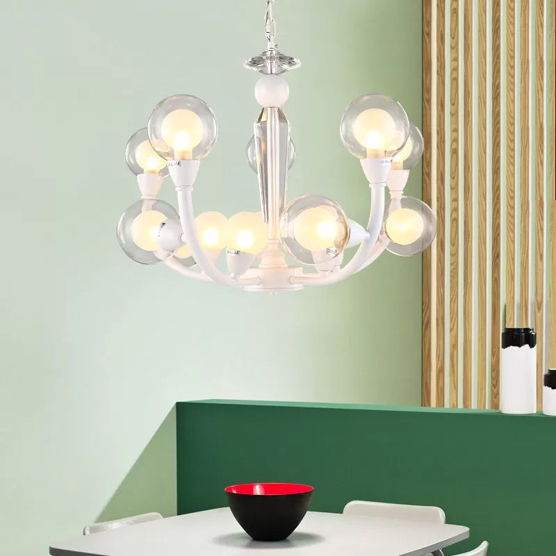 15/24-Light Lobby Ceiling Chandelier Modern White Hanging Lamp with Orb Clear and Frosted Glass Shade