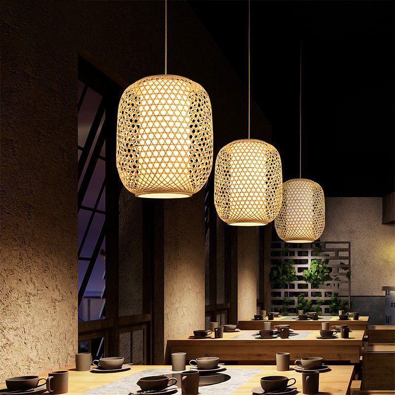 OVAL BAMBOO Suspension Light Asian 1-Bulb Beige Plafond Lanterne suspendu pour restaurant