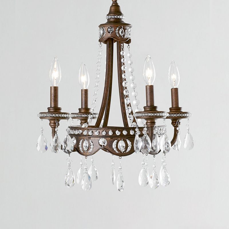 Metal Candle Chandelier Light Nordic 4 Lights Rust Hanging Light Fixture with Crystal Drop