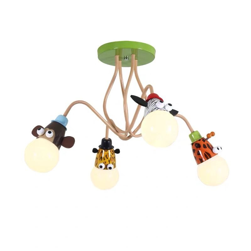 Exposed Bulb Flush Mount Fixture Cartoon Metal Orange Semi Flush Ceiling Light with Animal Decoration