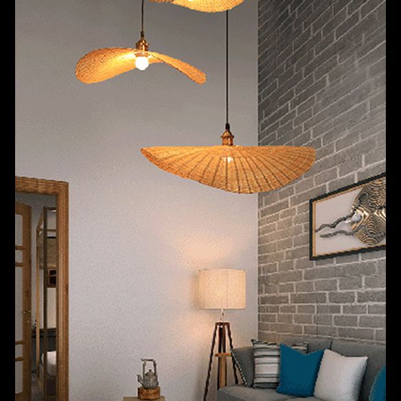 Chinese Hat Shape Pendant Lighting Fixtures Rattan Hanging Light for Restaurant