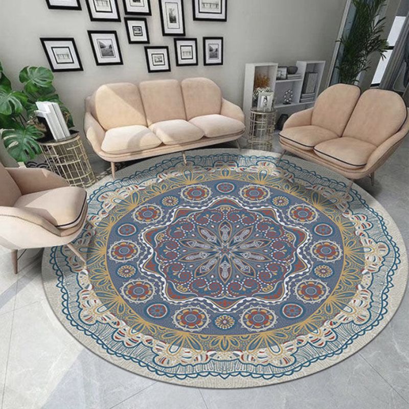 Blue Living Room Area Carpet Bohemian Americana Pattern Rug Polyester Stain Resistant Area Rug