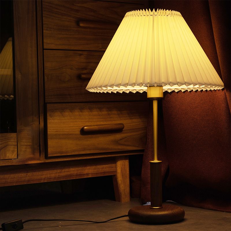 Pleated Plastic Beige Table Lamp Conical 1 Bulb Minimalistic Night Stand Light with Brown Base