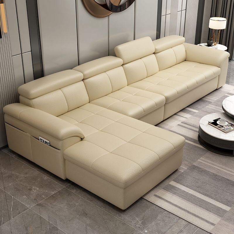 Genuine Leather Sectional Sofa 35.43"High Cushion Back Sofa with Storage,Beige