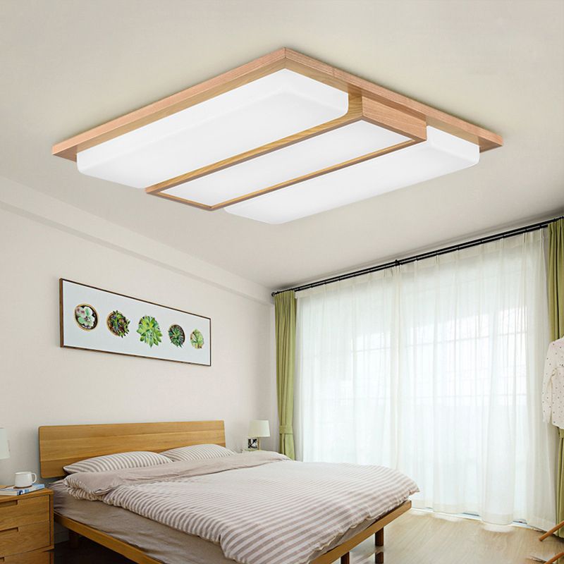 Modern Style Rectangle Shape Flush Mount 3-Lights Wood Ceiling Light for Bedroom