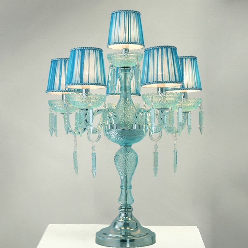 Crystal Blue Nightstand Lamp Candlestick 5/6/7 Bulbs Traditional Sleeping Room Table Light with Barrel Fabric Shade