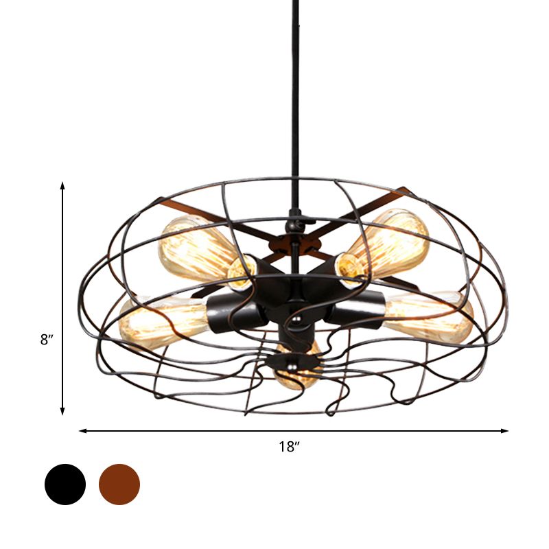 5 Bulbs Pendant Lighting Vintage Round Cage Shade Wrought Iron Chandelier Lamp with Cord/Chain in Black/Rust