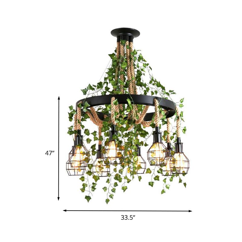 8 Heads Hemp Rope Cluster Pendant Industrial Black Bare Bulb Restaurant LED Down Lighting with Plant