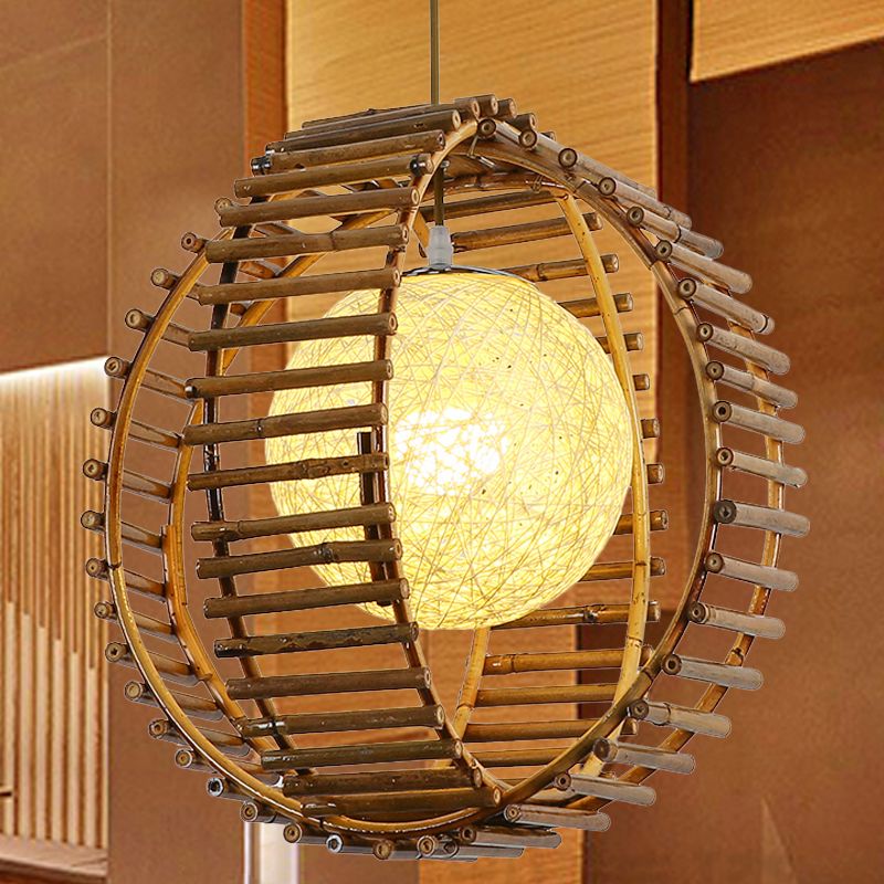 Sfera Bamboo Hanging Light Asian 1 Bulb Khaki Apparecchio di illuminazione a sospensione per camera da letto