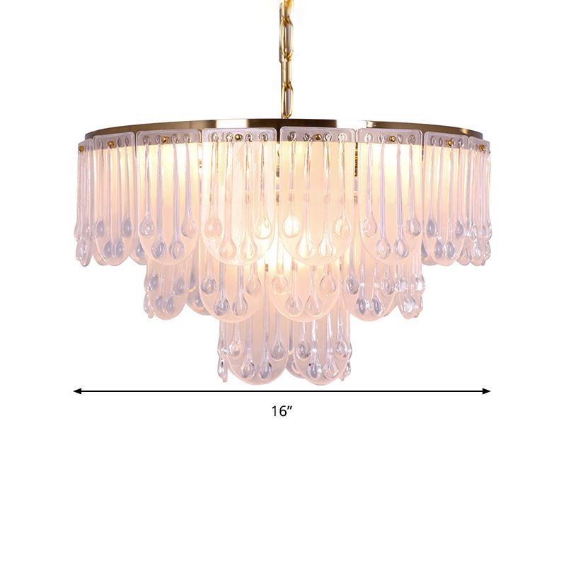 16"/23.5" W Frosted Glass Tiered Chandelier Light Modernist 3/8 Lights Hanging Lamp with Metal Chain in Gold