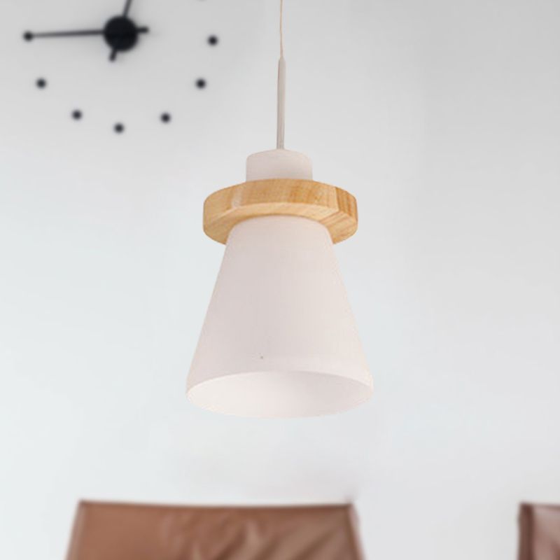 Minimalist Conical White Glass Hanging Light 1 Light Pendant Light with Wood Ring Decoration