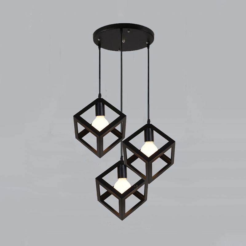 Geometrical Cage Dining Room Multi Ceiling Lamp Vintage Metal 3 Heads Black Suspension Light