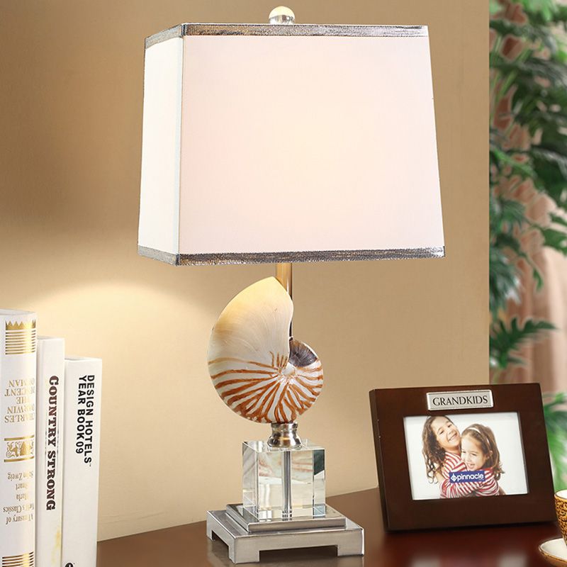 White 1 Head Night Table Light Rural Fabric Cuboid Nightstand Lamp with Decorative Nautilus Shell