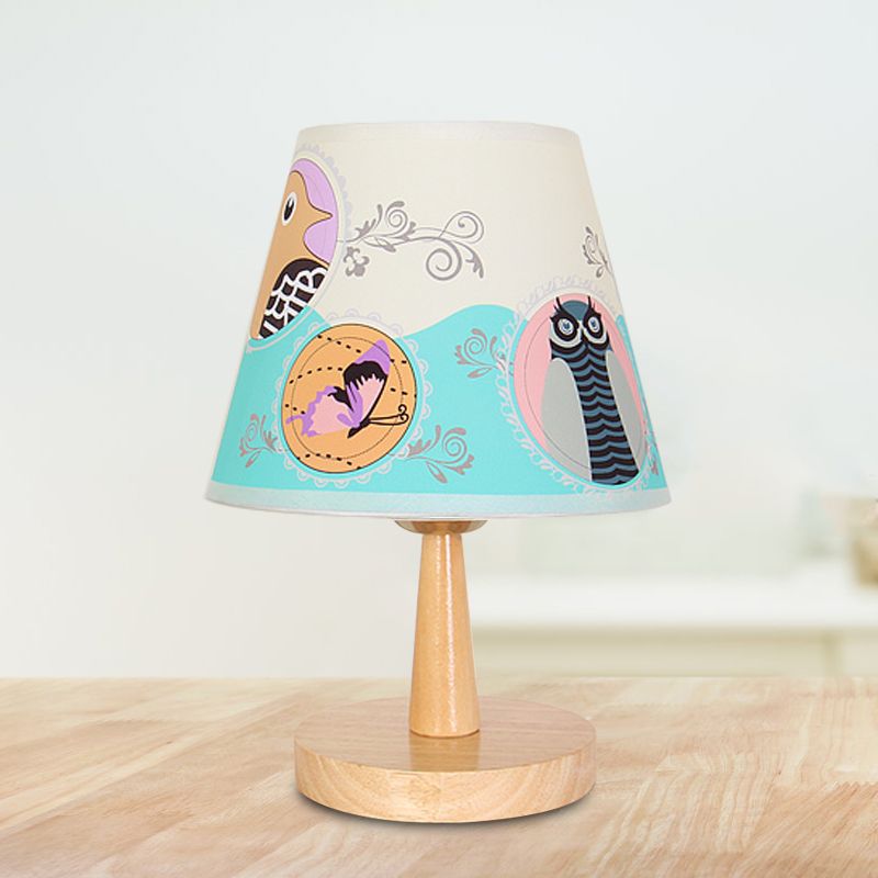 Fabric Conical Table Lamp Cartoon 1 Head Wood Nightstand Light with Airplane/Elephant/Bear Pattern for Bedroom