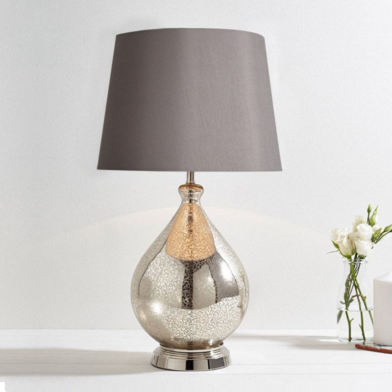 1 Light Night Lighting Rustic Drum Fabric Table Light in White/Coffee/Gray with Teardrop Pedestal for Bedroom