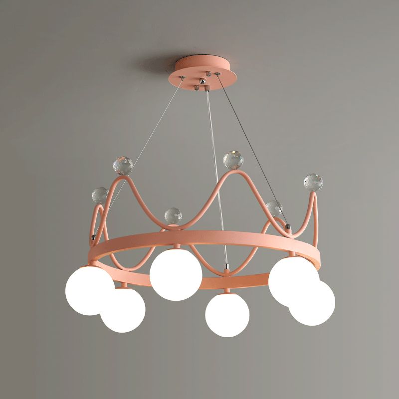 Crown Iron Chandelier Lighting Kid 6 Bulbes Pink / Gol Pendant Lampe avec ombre en verre orbe et fleuron en cristal