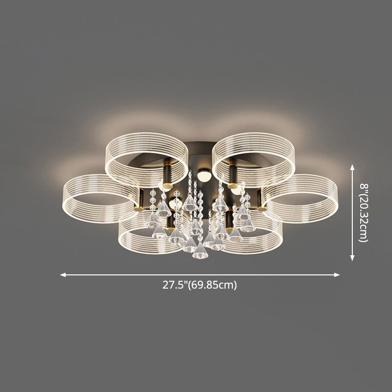 Acrylic Round Semi Mount Lighting Modern Black-Gold LED Ceiling Light with Flower Design