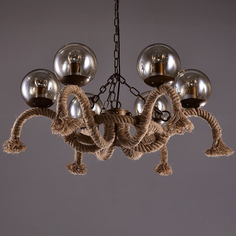 6 Heads Hanging Chandelier Farmhouse Dining Room Rope Pendant Lamp with Orb Smokey Glass Shade in Beige