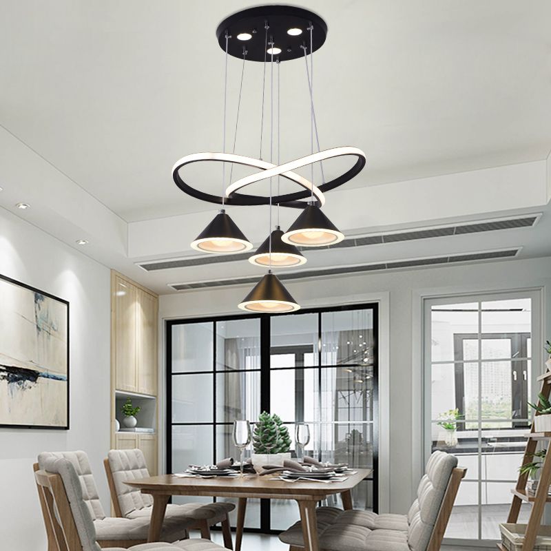 Black/Gray/Brown Cone Shade Hanging Light Metal Nordic 4 Lights Pendant Light for Dining Room