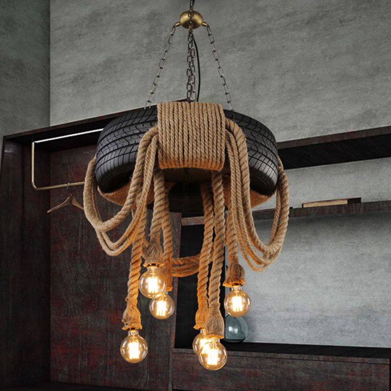 Antique Tyre Ceiling Lighting 6 Heads Hemp Rope Chandelier Light Fixture in Black