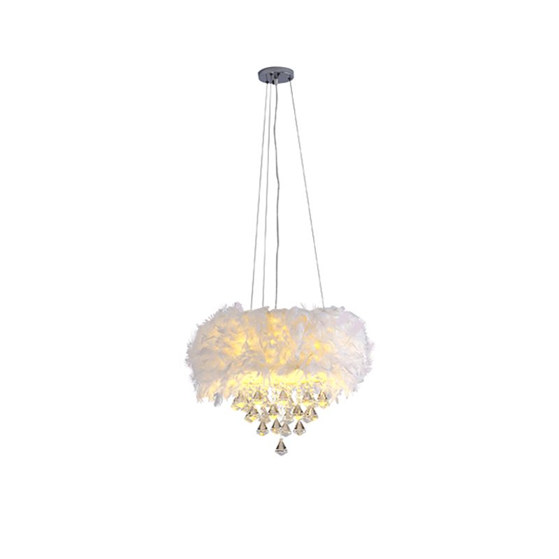 Drum Dining Room Hanging Light Feather Romantic Suspension Light with Crystal Deco in White