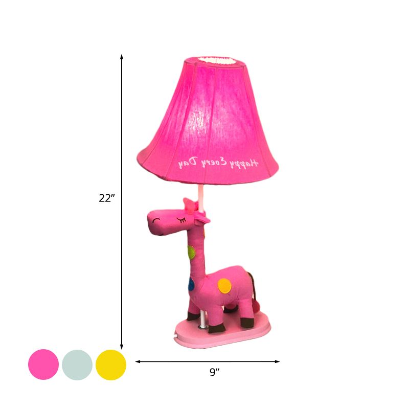 Flared Script-Print Fabric Table Lighting Kids Single-Bulb Yellow/Blue/Pink Night Lamp with Giraffe Base