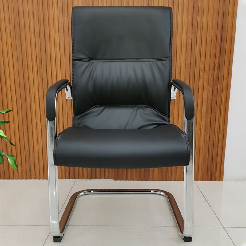 Modern Fixed Arms Office Chair Leather No Wheels Ergonomic Desk Chair