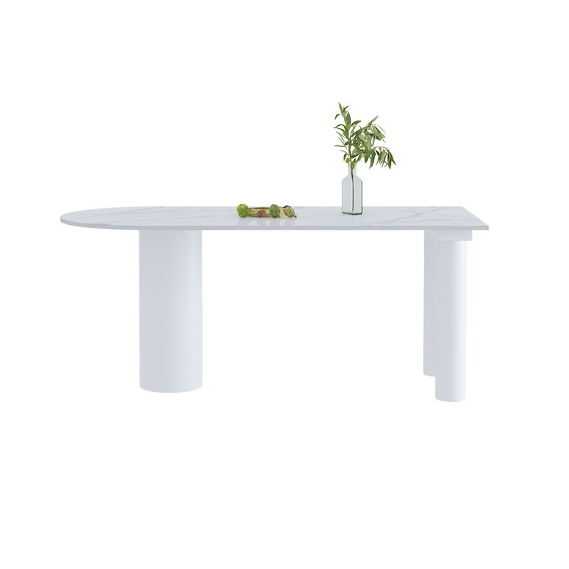 Simple Stone Top Table for Restaurant Oval Table with Three White Pedestal