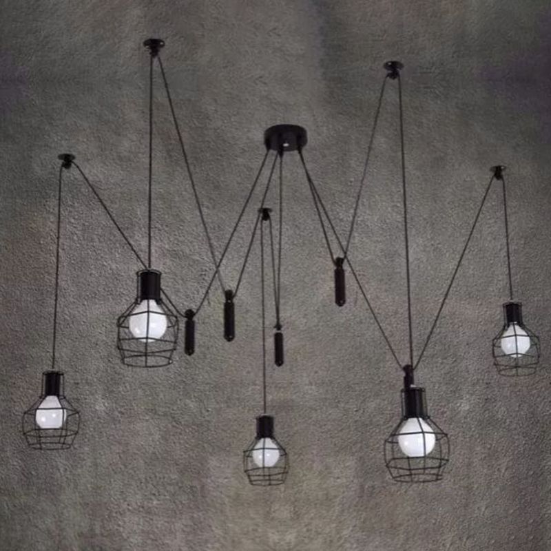 Caged Metal Pendant Lighting Industrial-Style Bedroom Hanging Pendant Light in Black