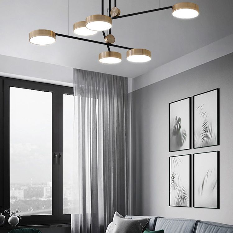 Gold Metal Pendant Light Mid-Century Modern Drum Shade Living Room Chandelier Lighting