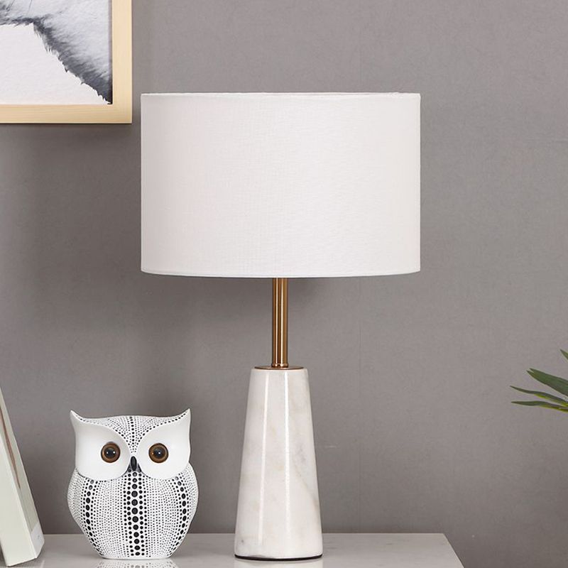 Round Bedside Table Light Fabric Single-Bulb Nordic Style Nightstand Lighting with Conical Marble Base in White