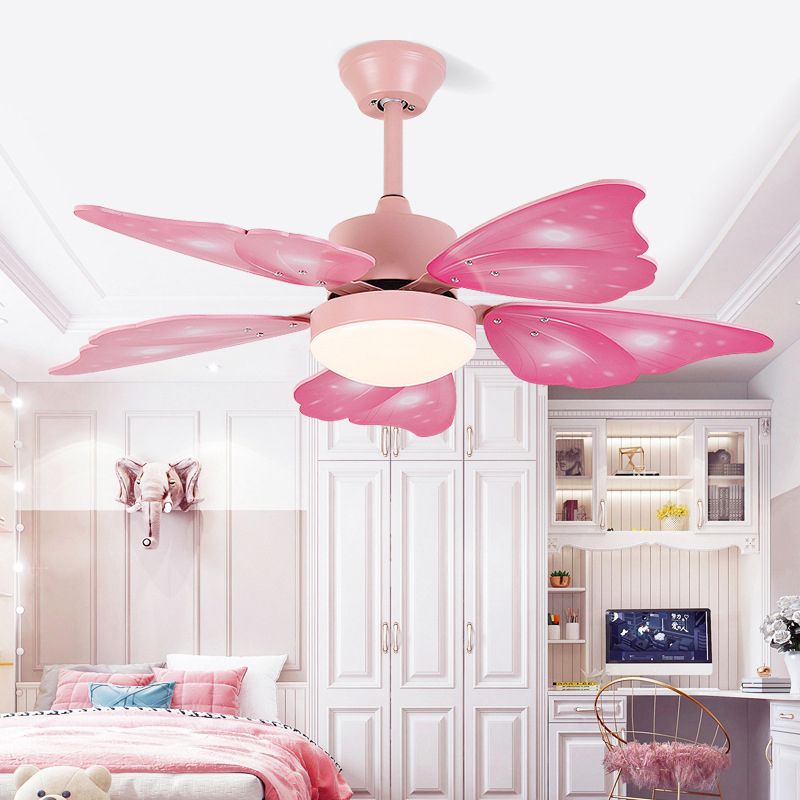 Kids Style Butterfly Ceiling Fan Blue / Pink LED Fan Light with Wood Blade