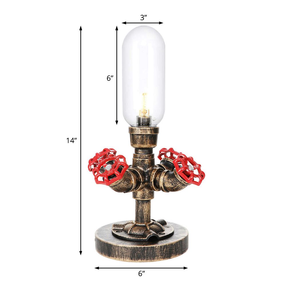 1 Light Capsule Table Light Industrial Brass Clear/Amber Glass Nightstand Lamp with Pipe Metal Base for Teahouse