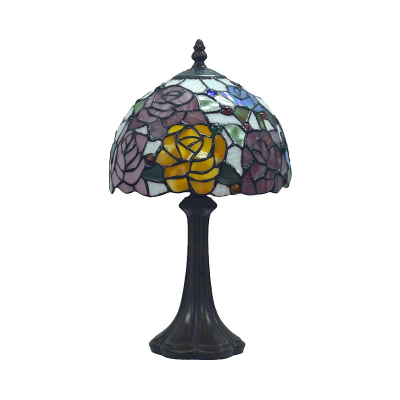 Rosebush Nightstand Light 1-Head Cut Stained Glass Tiffany Table Lamp with Bowl Shade in Bronze