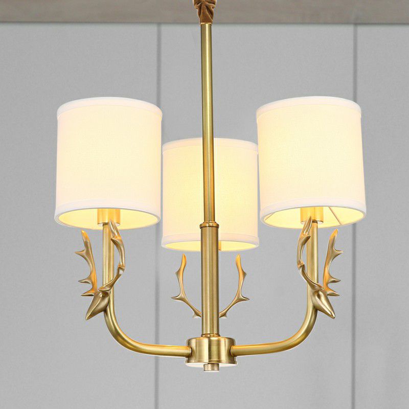 Brass Deer Chandelier Light Minimalistic Metal Hanging Lamp with Cylinder Fabric Shade