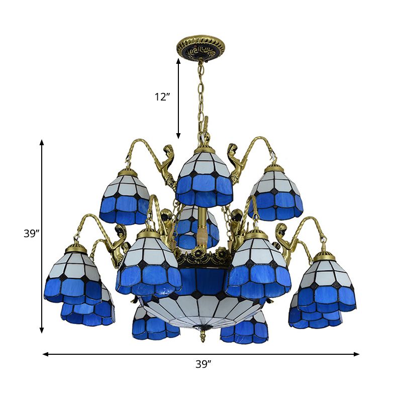 15 Lights Living Room Ceiling Lamp Tiffany Style Blue Chandelier Light with Dome Cut Glass Shade