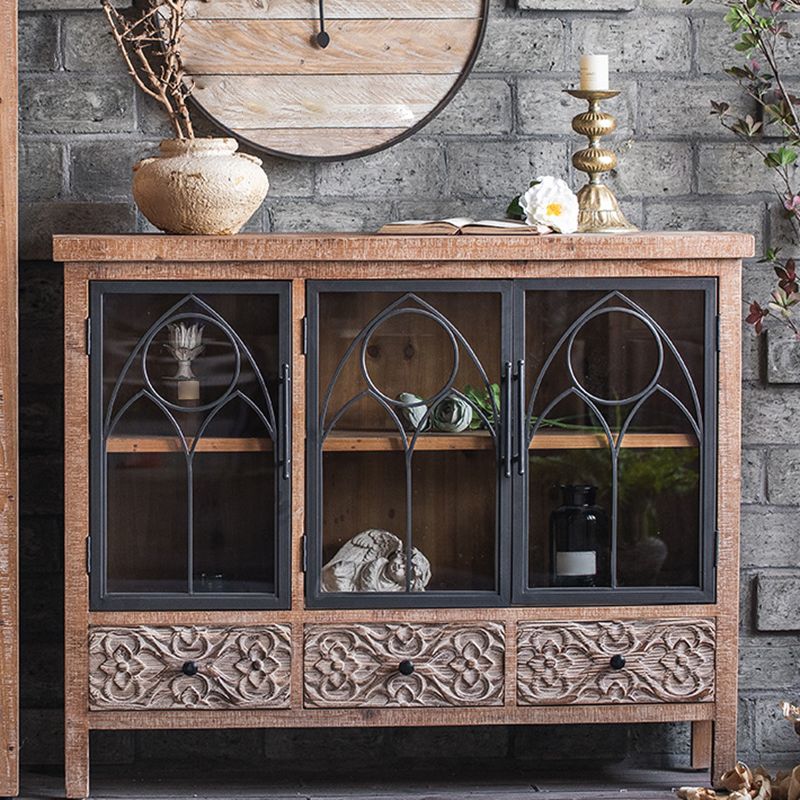 Traditional Solid Wood Display Stand Glass Doors Hutch Buffet for Bedroom