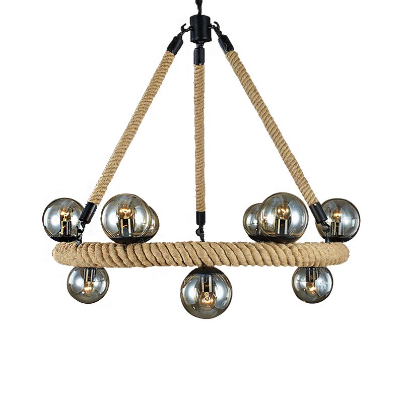 Beige 9 lichten kroonluchter lichtarmatuur industrieel touw sferische hangende lamp voor eetkamer met glazen schaduw