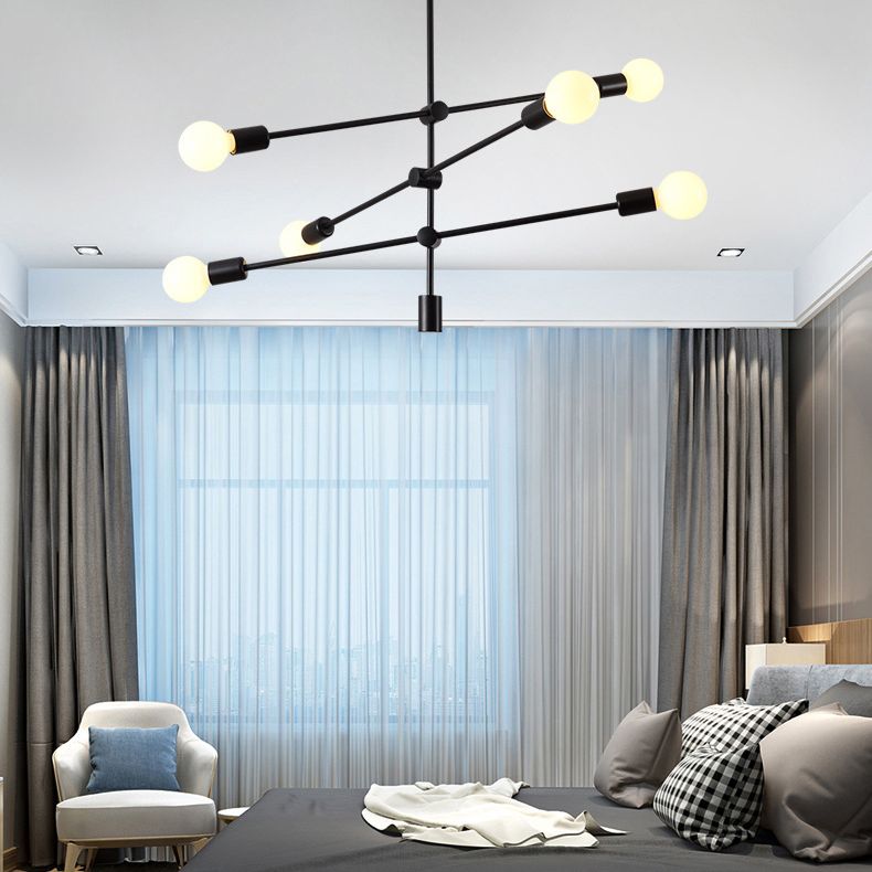 Geometric Lines Nordic Style Chandelier with Angle Adjustable Arm 6-lights Open Bulb Lighting Fixture in Bedroom Dining Room