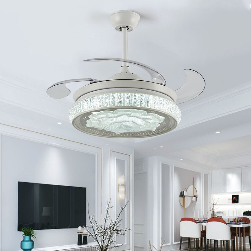 White Rose Ceiling Fan Light Simple LED Faceted Crystal Semi Flush Mount Lamp with Remote Control/Wall Control/Remote+Wall Control