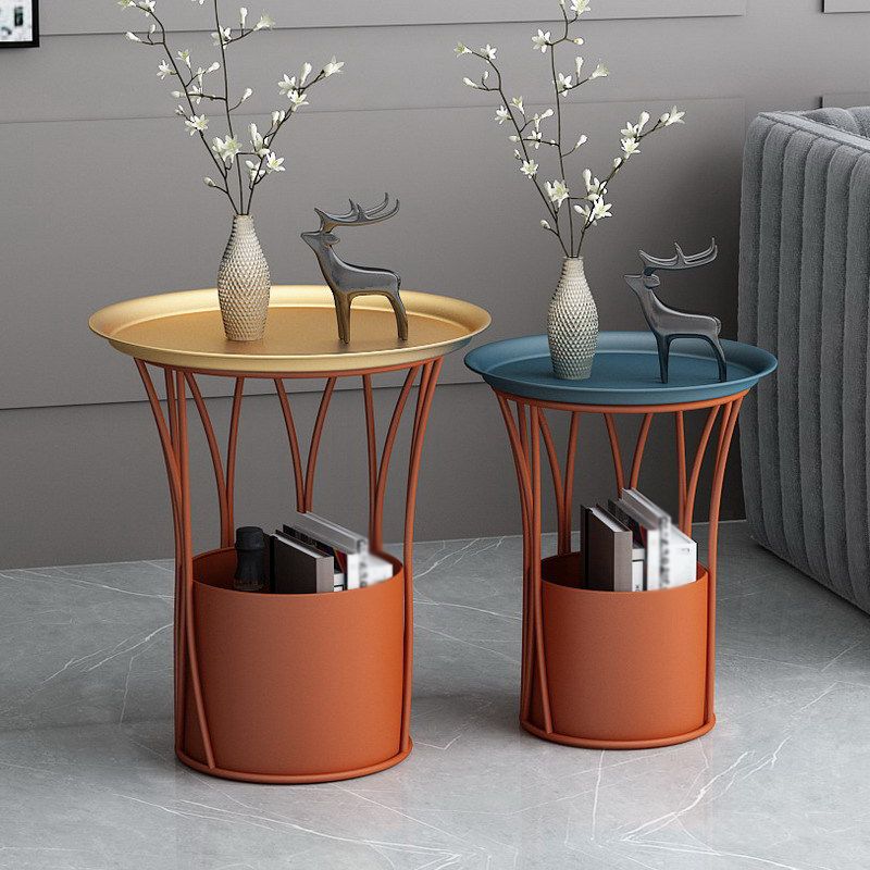 Iron Pedestal Side Table Round Tray Top Side End Table with Storage